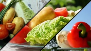 Farklı sebzelerden oluşan 4k yaratıcı video kolajı. Güneşli bir günde, mavi gökyüzü ve yeşil yapraklı bir masanın üzerinde yuvarlanan bir tepsi üzerinde su damlaları..