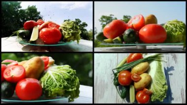Farklı sebzelerden oluşan 4k yaratıcı video kolajı. Güneşli bir günde, mavi gökyüzü ve yeşil yapraklı bir masanın üzerinde yuvarlanan bir tepsi üzerinde su damlaları..