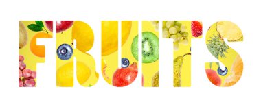 Beyaz arka planda izole edilmiş meyve şeklinde farklı tropikal meyveler.