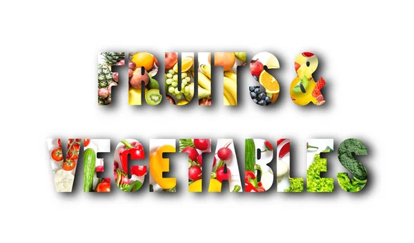 Different Fruits Vegetables Form Words Fruits Vegetables Shadow Lettering Isolated — Stock Photo, Image