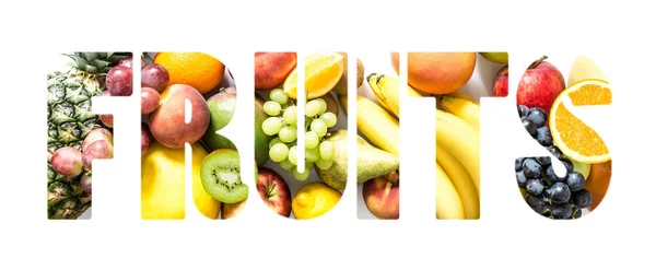 Frutos Tropicais Diferentes Forma Palavra Frutas Isoladas Fundo Branco — Fotografia de Stock