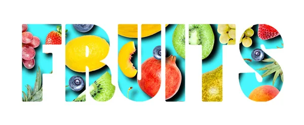 Frutos Tropicais Diferentes Forma Palavra Frutas Isoladas Fundo Branco — Fotografia de Stock