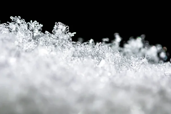 Natural Snow Texture Snowflakes Close Window Isolated Black Background Blank — Stock Photo, Image