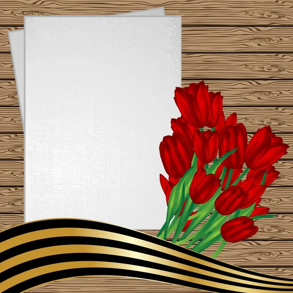 9 de mayo fondo de madera St. George cinta y tulipanes — Vector de stock