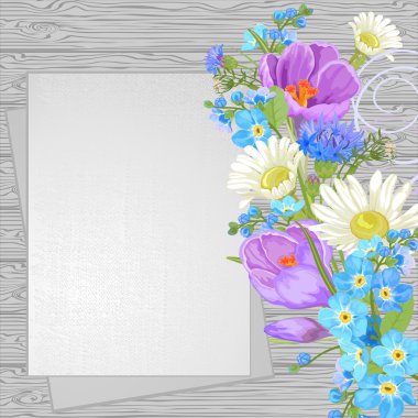 Bahar çiçekleri ahşap zemin, üstten görünüm