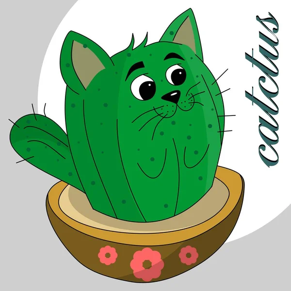 Vektör illüstrasyonlu el, çiçek tarhında üzerinde anime tarzı bir çiçek olan sevimli kawaii kedi kaktüsü çiziyor.