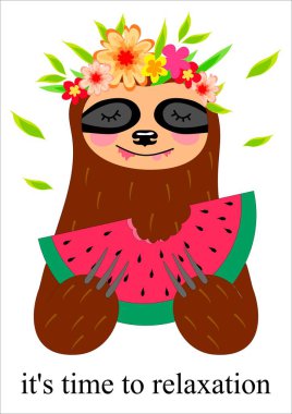 Tatlı bebek tembel hayvan karpuz yiyor. Beyaz üzerine izole edilmiş karpuz dilimi tutan komik hippi tembel hayvan. Vektör