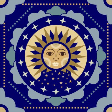 Popüler baskıda etnik güneş. Lubok, eski tarzda güneşin görüntüsüyle. Muhteşem illüstrasyon.