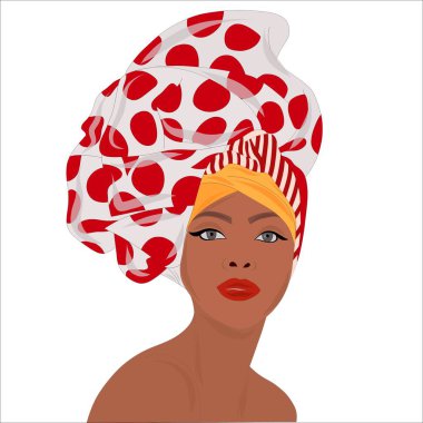 Kafasında güzel bir eşarp sarığı olan şık bir Afrikalı kadın. Siyahi kadınların etnik güzelliği. Moda ve trend 2022