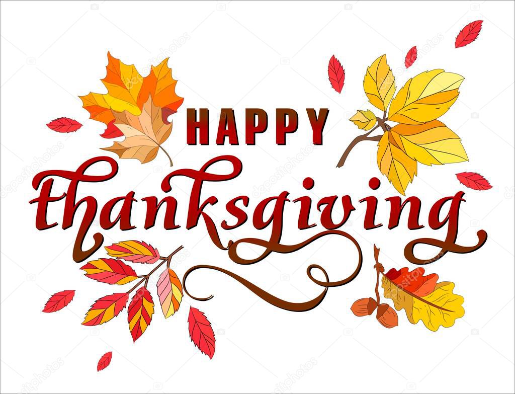 Hand drawn Thanksgiving lettering typography poster. Celebration text Happy Thanksgiving day on textured background for postcard, icon, logo or badge.