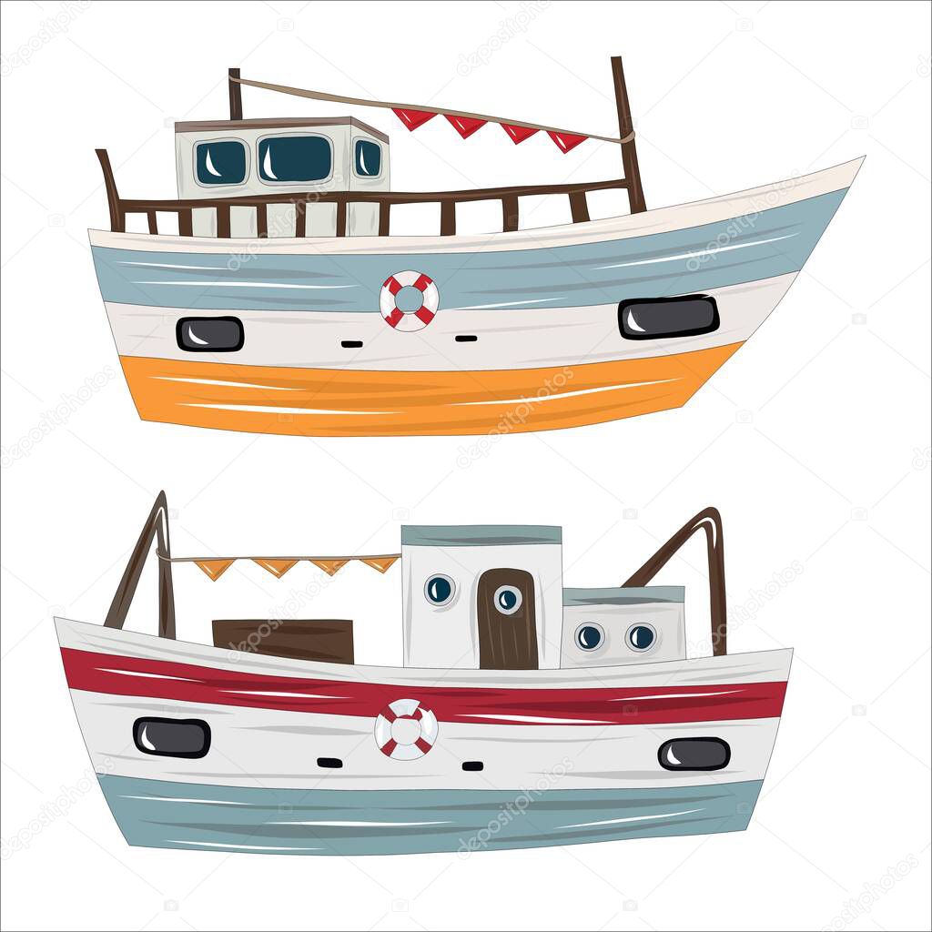 Bright cartoon retro steamboat with side paddle wheel. Old vintage ship vector illustration.