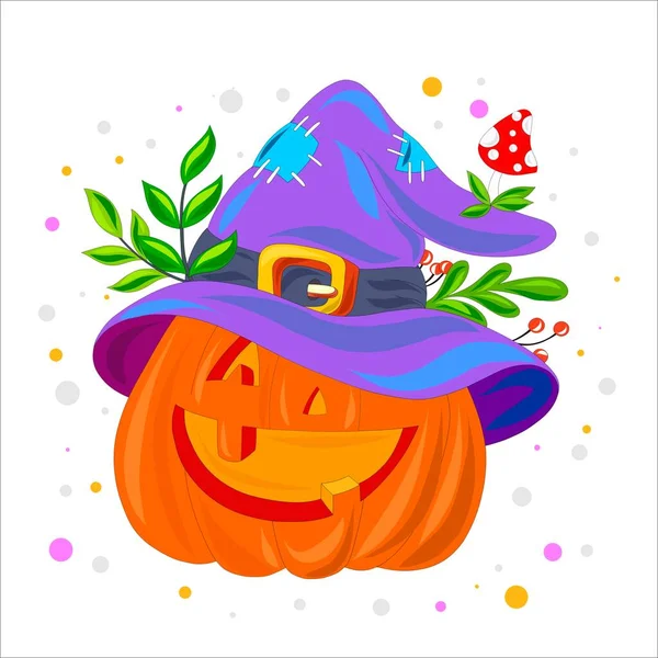 Cheerful Pumpkin Witch Cap Berries Mushrooms Halloween Vector Illustration — Stock Vector