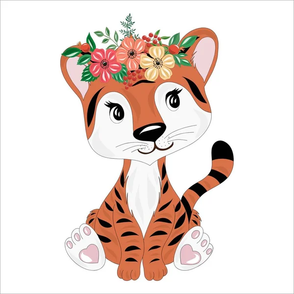 Поздравительная Открытка Little Tiger Wearing Floral Wreath Poster Banner Brochure — стоковый вектор