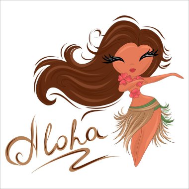 Hawaii 'li kız baston etekli hula dansı yapıyor. Geleneksel Hawaii dürtüsü. Vektör illüstrasyonu