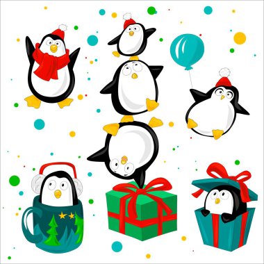 Komik noel penguenleri vektör karakterler. Dondurma ve balık resimli penguen hayvan seti