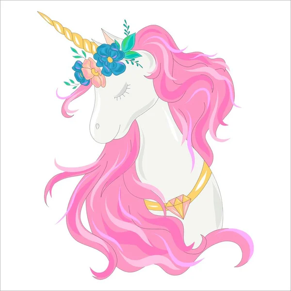 Pink Unicorn Head Rainbow Mane Yellow Horn Cute Fantasy Unicorn — Stock Vector