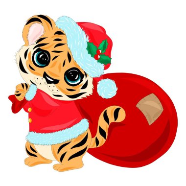 Beyaz arka planda sevimli çizgi film kaplanı. Çin takviminde 2022 'nin sembolü. Noel kostümü giymiş şirin bir kaplan.