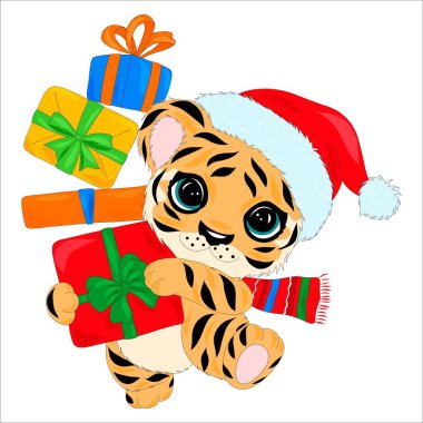 Beyaz arka planda sevimli çizgi film kaplanı. Çin takviminde 2022 'nin sembolü. Noel kostümü giymiş şirin bir kaplan.