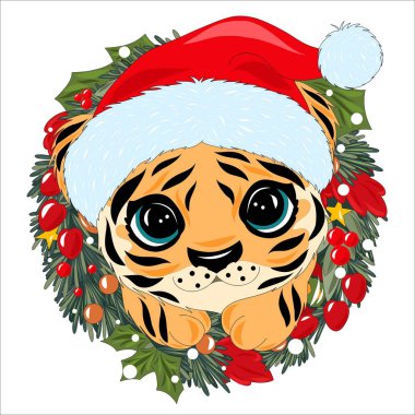 Beyaz arka planda sevimli çizgi film kaplanı. Çin takviminde 2022 'nin sembolü. Noel kostümü giymiş şirin bir kaplan.