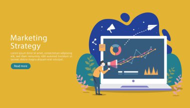 Bilgisayar ekranında küçük karakterli, tablolu, grafik nesneli dijital pazarlama stratejisi konsepti. İniş sayfası ve mobil web sitesi şablonu için çevrimiçi sosyal medya pazarlama modern daire tasarımı