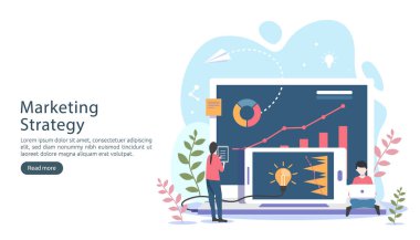 Bilgisayar ekranında küçük karakterli, tablolu, grafik nesneli dijital pazarlama stratejisi konsepti. İniş sayfası ve mobil web sitesi şablonu için çevrimiçi sosyal medya pazarlama modern daire tasarımı