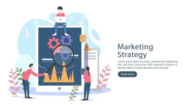 Bilgisayar ekranında küçük karakterli, tablolu, grafik nesneli dijital pazarlama stratejisi konsepti. İniş sayfası ve mobil web sitesi şablonu için çevrimiçi sosyal medya pazarlama modern daire tasarımı