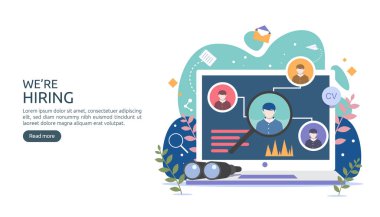 İş alımı ve internetten eleman alma konsepti. Ajans görüşmesi. Bir özgeçmiş süreci seçin. Web iniş sayfası, afiş, sunum, sosyal medya şablonu. Vektör illüstrasyonu