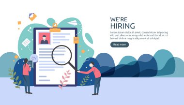 İş alımı ve internetten eleman alma konsepti. Ajans görüşmesi. Bir özgeçmiş süreci seçin. Web iniş sayfası, afiş, sunum, sosyal medya şablonu. Vektör illüstrasyonu