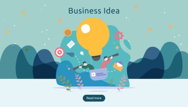 Takım çalışması, büyük sarı ampul lambası ve küçük insan karakteriyle fikir üretme. yaratıcı yenilik çözümü. Web iniş sayfası, afiş, sunum, sosyal medya şablonu.