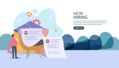Çevrimiçi eleman alma ya da küçük karakterli iş bulma kavramı. Bir özgeçmiş süreci seçin. Ajans görüşmesi. Web iniş sayfası, afiş, sunum, sosyal medya şablonu. Vektör illüstrasyonu.