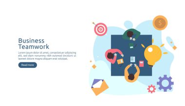 Takım çalışması, büyük sarı ampul lambası ve küçük insan karakteriyle fikir üretme. yaratıcı yenilik çözümü. Web iniş sayfası, afiş, sunum, sosyal medya şablonu