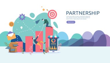 Küçük insanlarla iş ortaklığı fikri. Ekip birlikte çalışarak web iniş sayfası, afiş, sunum, model, sosyal medya için şablon oluşturur. Vektör illüstrasyonu.