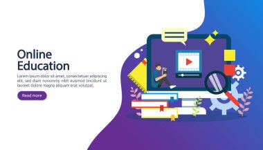 Bilgisayar, kitap ve küçük insanların çalışma sürecinde olduğu e-öğrenme kavramı. E-kitap ya da internet eğitimi. Web iniş sayfası, afiş, sunum, sosyal medya ve yazdırma materyali şablonu