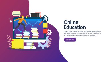 Bilgisayar, kitap ve küçük insanların çalışma sürecinde olduğu e-öğrenme kavramı. E-kitap ya da internet eğitimi. Web iniş sayfası, afiş, sunum, sosyal medya ve yazdırma materyali şablonu