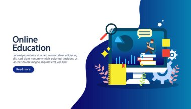 Bilgisayar, kitap ve küçük insanların çalışma sürecinde olduğu e-öğrenme kavramı. E-kitap ya da internet eğitimi. Web iniş sayfası, afiş, sunum, sosyal medya ve yazdırma materyali şablonu