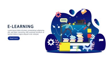Bilgisayar, kitap ve küçük insanların çalışma sürecinde olduğu e-öğrenme kavramı. E-kitap ya da internet eğitimi. Web iniş sayfası, afiş, sunum, sosyal medya ve yazdırma materyali şablonu
