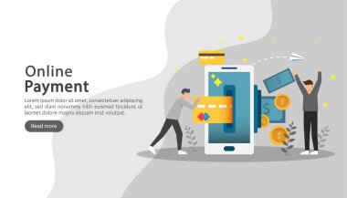 Mobil ödeme ya da para transferi konsepti. E-ticaret pazarı alışverişi, küçük insanların oynadığı çevrimiçi illüstrasyon. Web iniş sayfası, afiş, sunum, sosyal medya, yazdırma ortamı şablonu.
