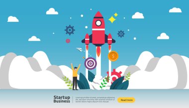 start up idea concept. project business with rocket tiny people character. new product or service launch template for web landing page, banner, presentation, social, print media. Vector illustration clipart
