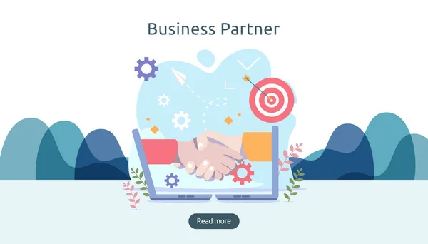 Business Partnership Concept Met Hand Schudden Kleine Mensen Karakter Team — Stockvector