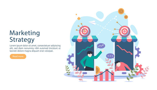 концепция цифровой маркетинговой стратегии с крошечным характером людей. онлайн электронной коммерции бизнеса в современном плоском шаблоне дизайна для веб-целевой страницы, баннер, презентация, социальные медиа. Векторная иллюстрация