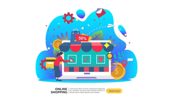 Online Shopping Banner Business Concept Sale Commerce Smartphone Tiny People — Stock Vector
