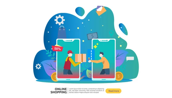 Online Shopping Banner Business Concept Sale Commerce Smartphone Tiny People — Stock Vector