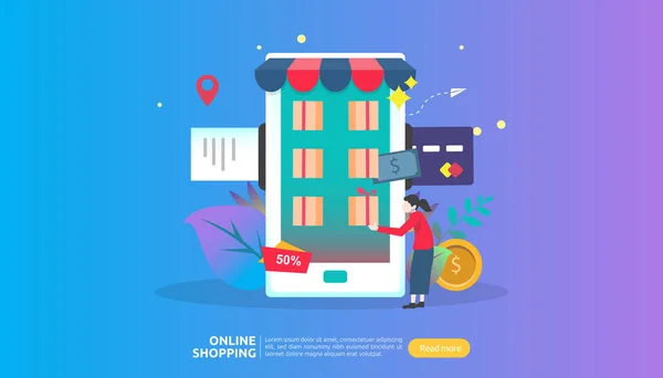 Online Shopping Banner Business Concept Sale Commerce Smartphone Tiny People — Stock Vector