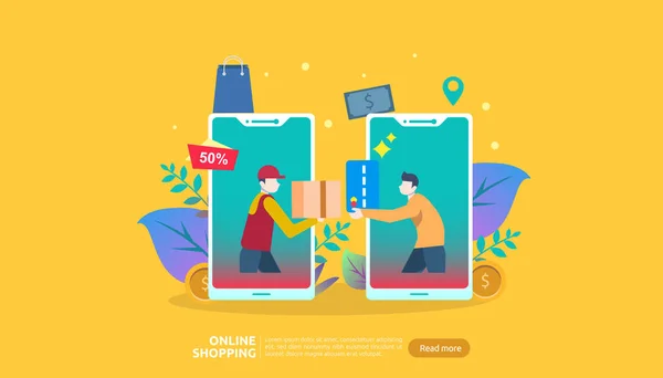 Online Winkelbanner Zakelijk Concept Koop Commerce Met Smartphone Kleine Mensen — Stockvector