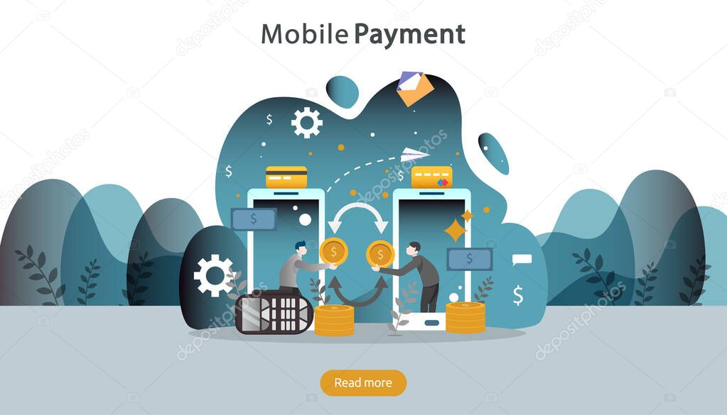 mobile payment or money transfer concept. E-commerce market shopping online illustration with tiny people character. template for web landing page, banner, presentation, social media, print media.