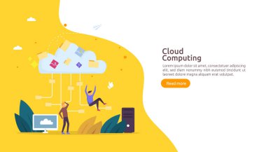 Bulut hesaplama konsepti. Web iniş sayfası şablonu, afiş, sunum, sosyal ve düz biçimli yazdırma medyası için insan karakteriyle ağ servisi veya çevrimiçi veritabanı depolama sistemi sunuluyor