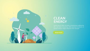 Yeşil temiz enerji kaynakları. Yenilenebilir güneş paneli ve rüzgar türbinleri. Çevresel kavram ve insan karakteri. Web iniş sayfası şablonu, afiş, sunum, sosyal ve yazdırma ortamı