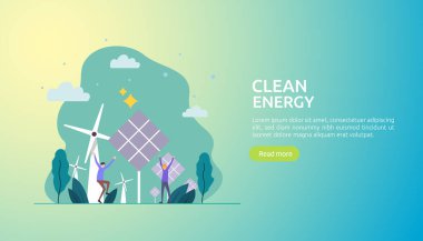 Yeşil temiz enerji kaynakları. Yenilenebilir güneş paneli ve rüzgar türbinleri. Çevresel kavram ve insan karakteri. Web iniş sayfası şablonu, afiş, sunum, sosyal ve yazdırma ortamı