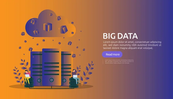 大数据和分析处理概念登陆页面模板 云数据库服务 服务器中心机架 用于横幅 社交或印刷媒体 具有交互人物性格 — 图库矢量图片