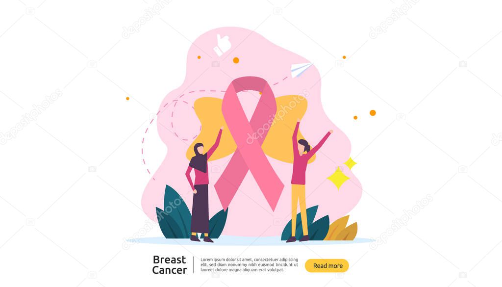 breast cancer day Awareness month concept with pink ribbon and female cartoon character together for love and support. web landing page template, banner, social, and print media. Vector illustration